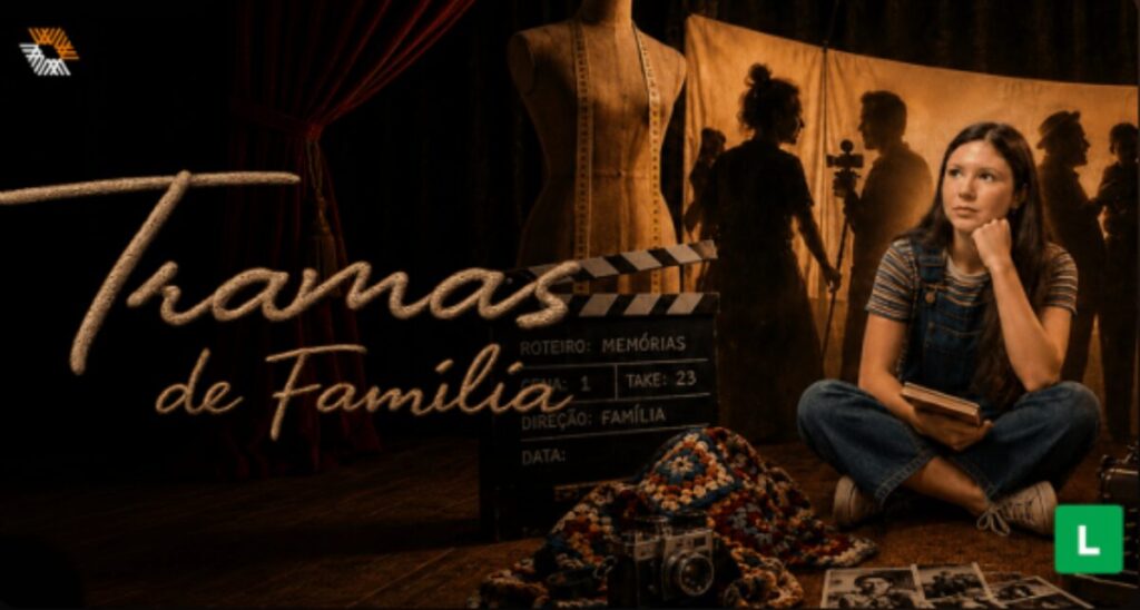 Cartaz horizontal da peça de teatro Tramas de Família. O nome é escrito em uma fonte que lembra um bordado. À direita do cartaz, uma mulher jovem, de pele clara, olhos e cabelos castanhos, lisos, compridos e soltos. Ela está usa uma camiseta listrada e um macação jeans sentada no chão com um livro apoiado na perna e a mão esquerda apoiada no queixo. À frente dela, no chão, algumas fotografia em preto e branco, uma câmera fotográfica antiga e uma colcha de crochê. Ao lado, uma claquete de cinema e um manequim de pano com uma fita métrica pendurada. Ao fundo, a silhueta de uma mulher, dois homens e uma criança. A arte tem tons sépia.